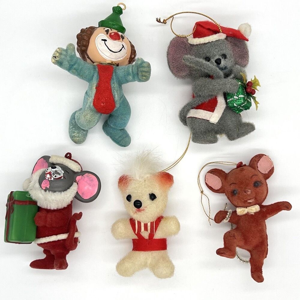 60s 70s Christmas Ornaments Flocked LOT of 5 Morgan Twinkle Mouse Bear Clown VTG